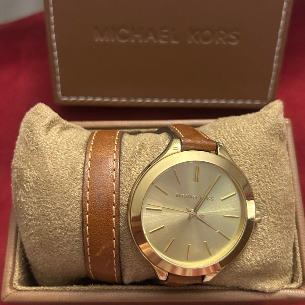 Michael Kors Gold Tone Brown Leather Double Strap Watch